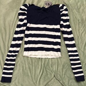 Zara Navy & White Striped Puff-Sleeve Ribbed Long Sleeve Top